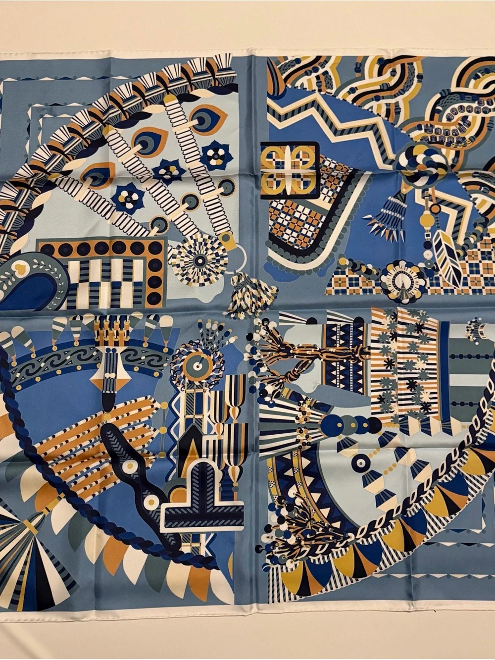 Hermes Haute Parure 90 Silk Scarf Blue Jean Beige Dore Ciel